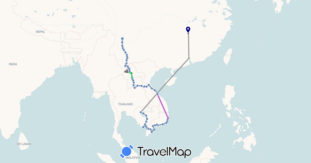 TravelMap itinerary: driving, bus, plane, cycling, train, motorbike in China, Cambodia, Laos, Vietnam (Asia)